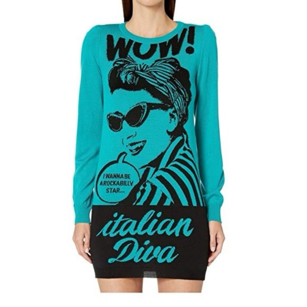 New! BOUTIQUE MOSCHINO Logo Italian Diva Pop Art Colorblock Knit Sweater Dress
